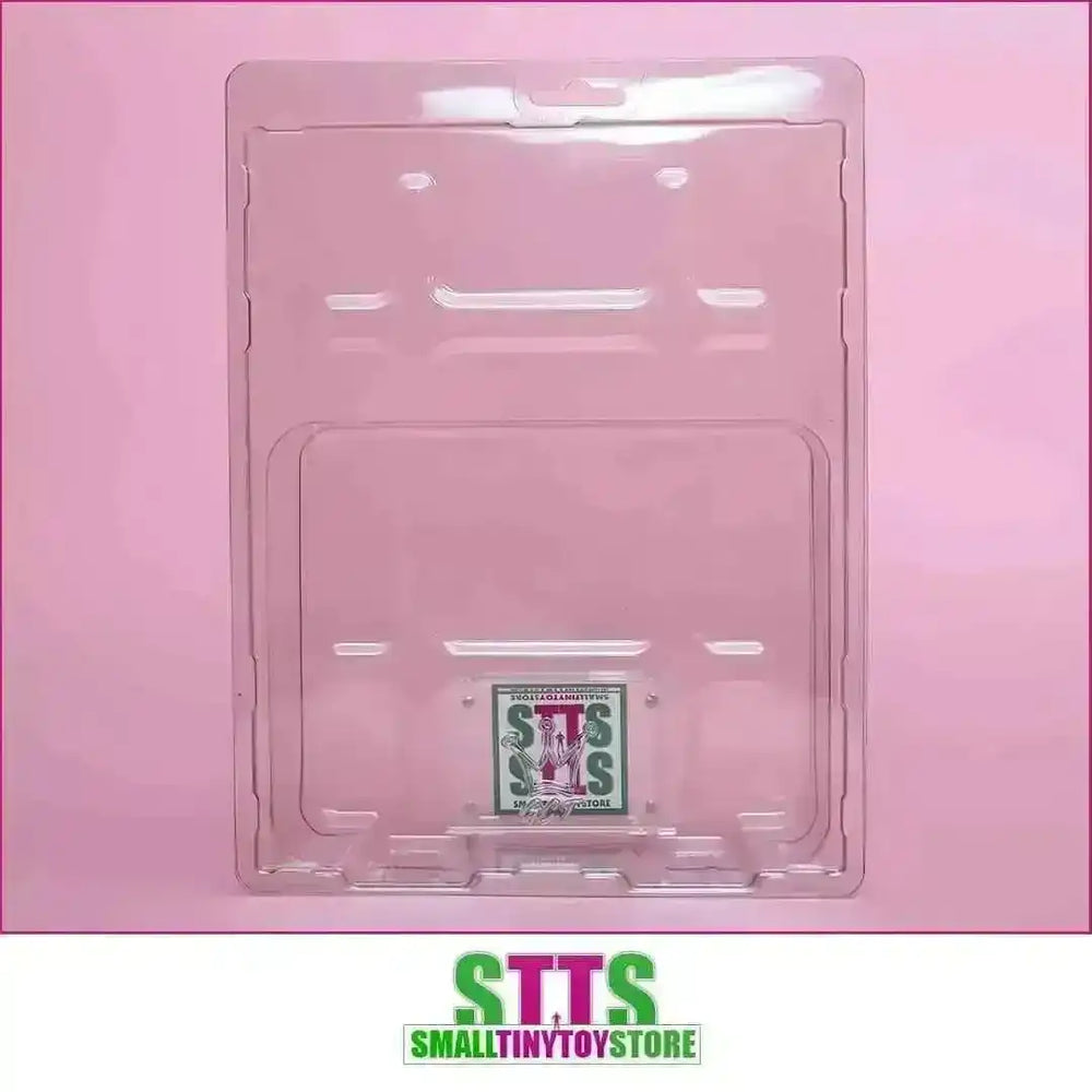 Transparente Blister Clamshell Verpackung für Sammlerfiguren bei Smalltinytoystore, pinker Hintergrund.