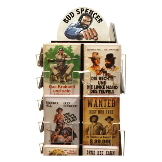 Bud Spencer Verkaufsdrehständer mit 294 Bud Spender & Terence Hill Blechschildern (komplett befüllt) - Smalltinytoystore