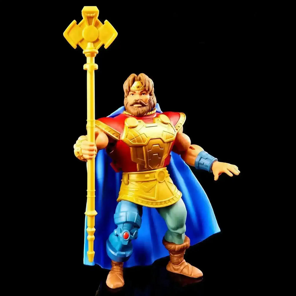 Masters of the Universe King Randor Origins Figur mit Stab vor schwarzem Hintergrund, Smalltinytoystore
