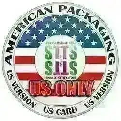 Siegel mit US-Flagge, Text: American Packaging, US Version, US Card, Smalltinytoystore Logo, US Only.