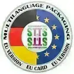 EU Multilanguage Packaging Logo mit Deutschland-Flagge, EU-Sternen und Smalltinytoystore STTS Symbol.