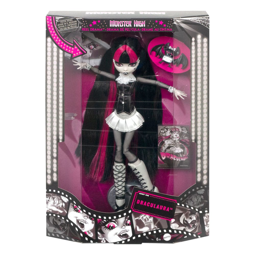 Monster High Reel Drama Puppe Draculaura in Schwarzweiß - Smalltinytoystore