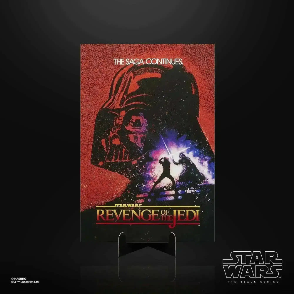 Star Wars The Black Series Revenge of the Jedi Darth Vader Sammlerfigur-Poster bei Smalltinytoystore, schwarzer Hintergrund, kultiges Artwork.