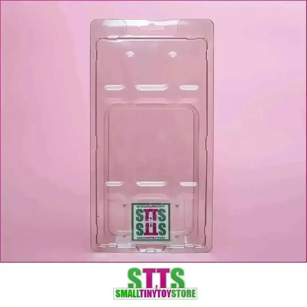 Durchsichtiger Blister Verpackungsschutz für Sammlerfiguren, Smalltinytoystore Logo, rosa Hintergrund