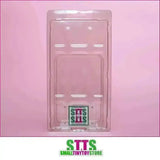 Durchsichtiger Blister Verpackungsschutz für Sammlerfiguren, Smalltinytoystore Logo, rosa Hintergrund