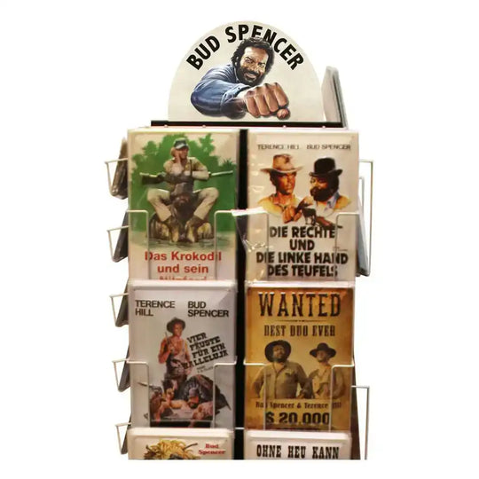 Bud Spencer Verkaufsdrehständer mit 294 Bud Spender & Terence Hill Blechschildern (komplett befüllt) - Smalltinytoystore