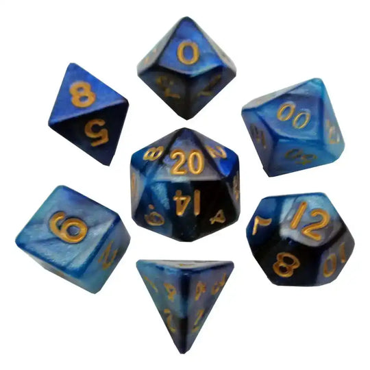 FanRoll Mini Würfel Set Blue/Light Blue with Gold Numbers (7) - Smalltinytoystore