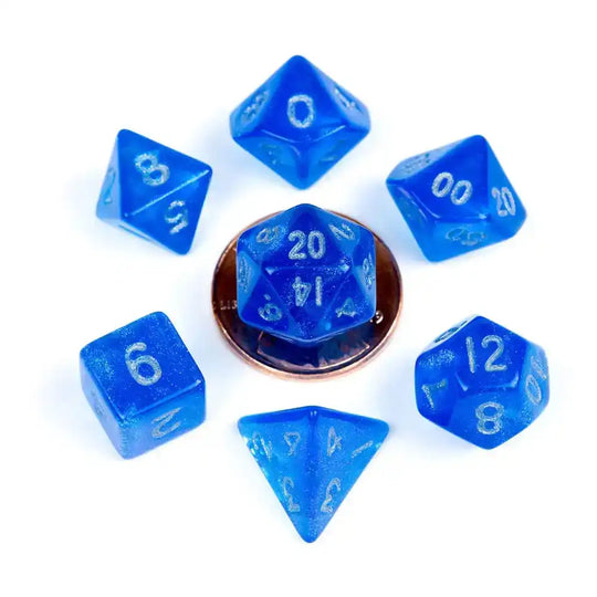 FanRoll Mini Würfel Set Stardust Blue with Silver Numbers (7) - Smalltinytoystore