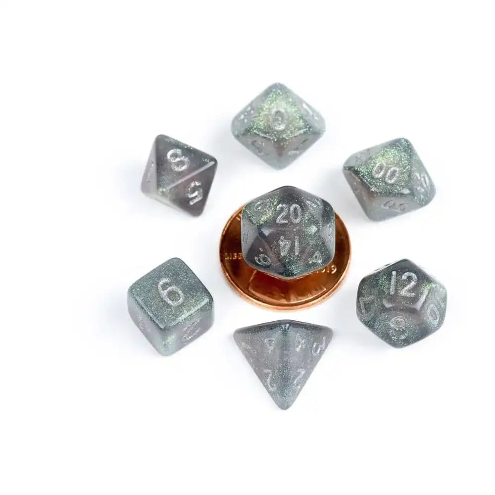 FanRoll Mini Würfel Set Stardust Gray with Silver Numbers (7) - Smalltinytoystore