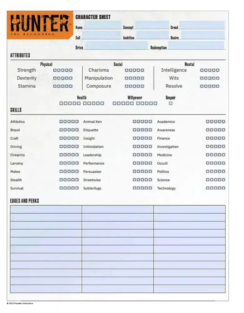 Hunter: The Reckoning 5th Edition RPG Journal Expanded Character Sheet Journal *Englische Version*