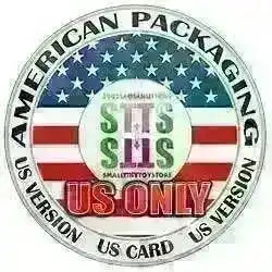 Siegel mit US-Flagge, Text: American Packaging, US Version, US Card, Smalltinytoystore Logo, US Only.