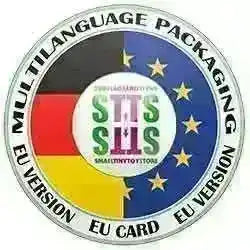 EU Version Symbol mit Deutschland- und EU-Flagge, Hinweis auf Mehrsprachig, Smalltinytoystore Logo