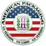 Rundes Logo mit US-Flagge, Text 'American Packaging', 'US Version', 'US Card', STTS Smalltinytoystore-Logo im Zentrum.