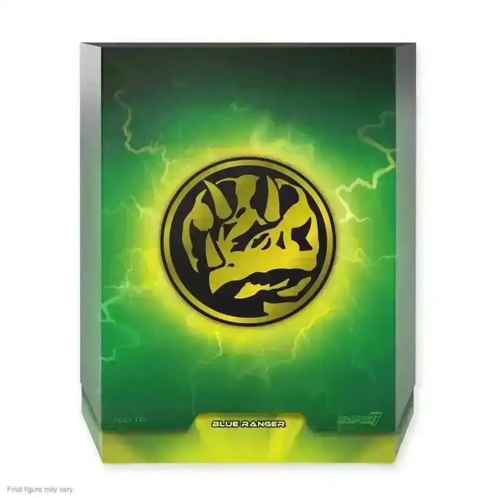 Mighty Morphin Power Rangers Ultimates Blue Ranger Box mit Dino-Logo, grün-gelber Hintergrund.