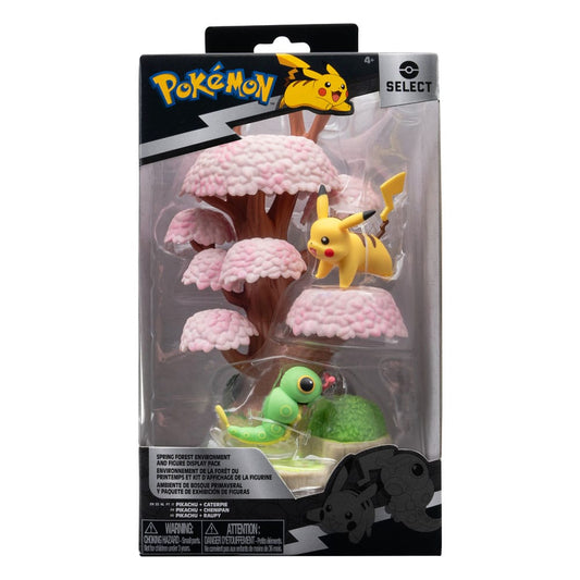 Pokémon Environment Set Frühlingswald & Raupy & Pikachu 5 cm - Smalltinytoystore