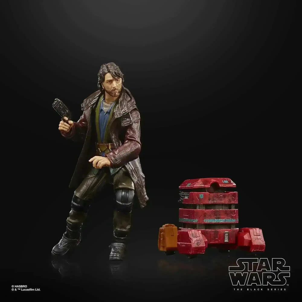Star Wars The Black Series Cassian Andor und B2EMO Figuren vor schwarzem Hintergrund
