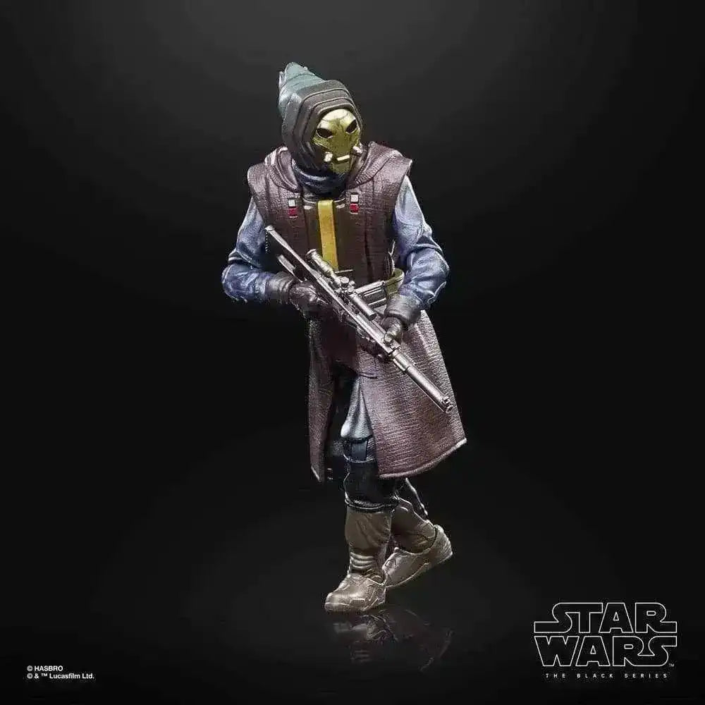Star Wars The Black Series Pyke Soldier Actionfigur, dunkel gekleidet, auf schwarzem Hintergrund, Smalltinytoystore