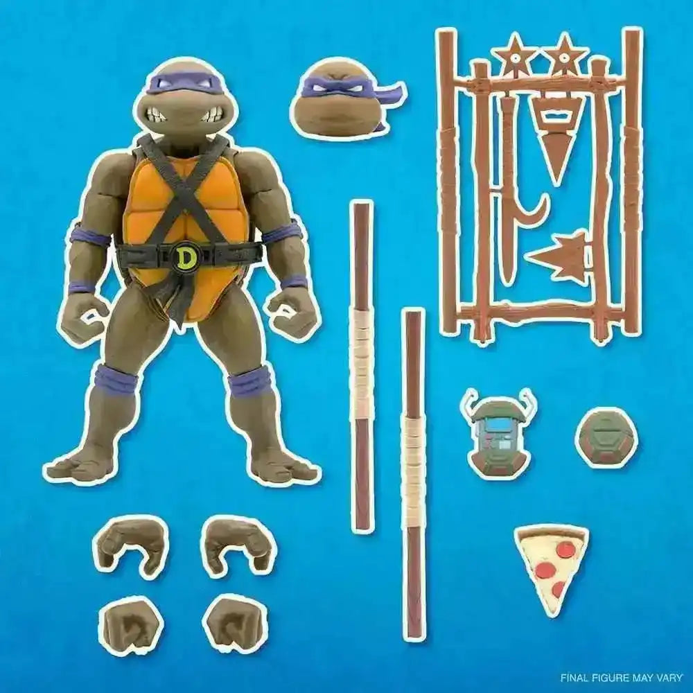 Teenage Mutant Ninja Turtles Ultimates Donatello Actionfigur mit Zubehör auf blauem Hintergrund