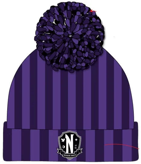 Wednesday Pom-Pom Beanie Nevermore Logo - Smalltinytoystore