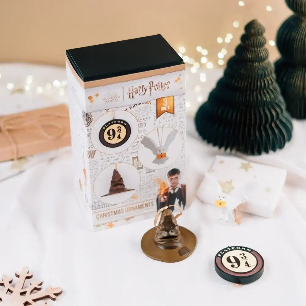 Harry Potter Set mit 3 Weihnachtsornamenten Sprechender Hut, Gleis 9 3/4 und Hedwig 7 cm