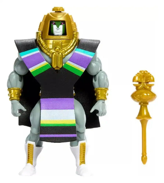 Masters of the Universe Actionfigur, graue Haut, goldener Helm, bunte Robe, Zubehörstab