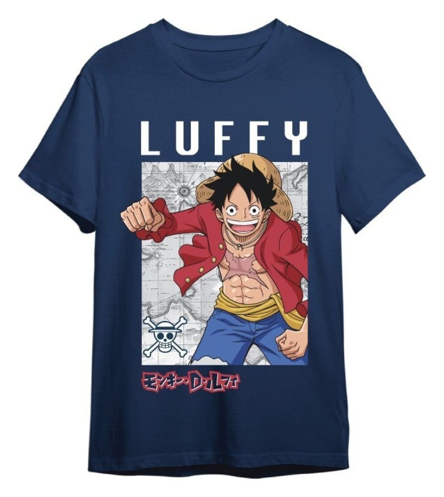 One Piece T-Shirt Monkey D. Ruffy Mapa Denim Größe M