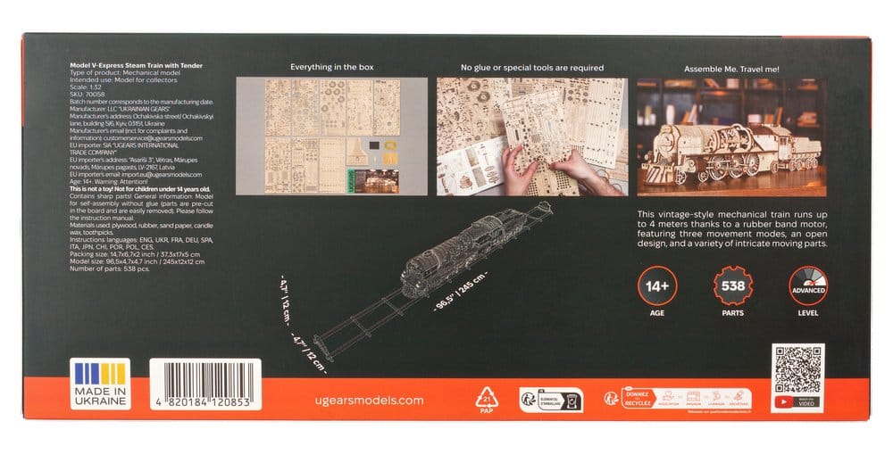 Ugears Modellbausatz aus Holz V-Express Dampflokomotive mit Schlepptender