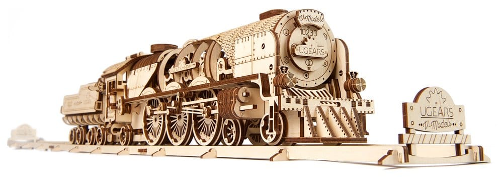 Ugears Modellbausatz aus Holz V-Express Dampflokomotive mit Schlepptender
