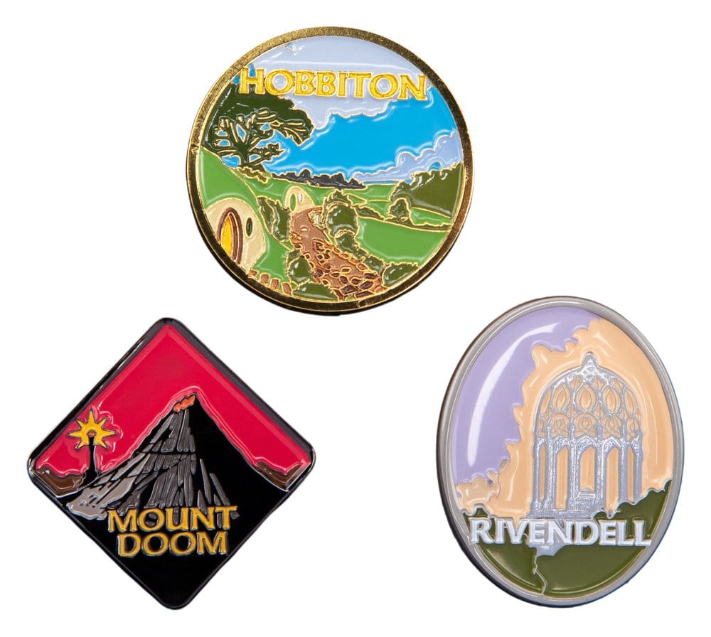 Herr der Ringe Trilogie Pin-Set Hobbiton, Rivendell & Mount Doom